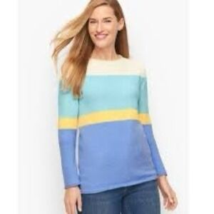 Talbots Womens Blue Aqua Yellow Colorblock Stripe Chenille Sweater XL JO5161‎
